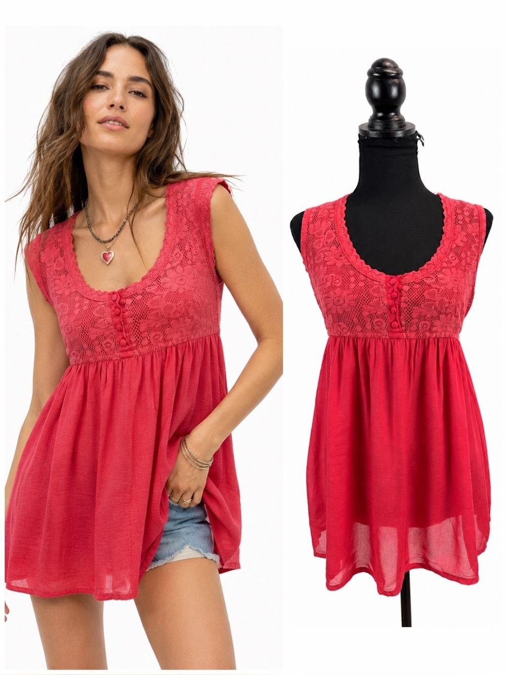 Wet Seal Coral Red Lace Babydoll Tank Top Open Back Ring Detail Boho Size S